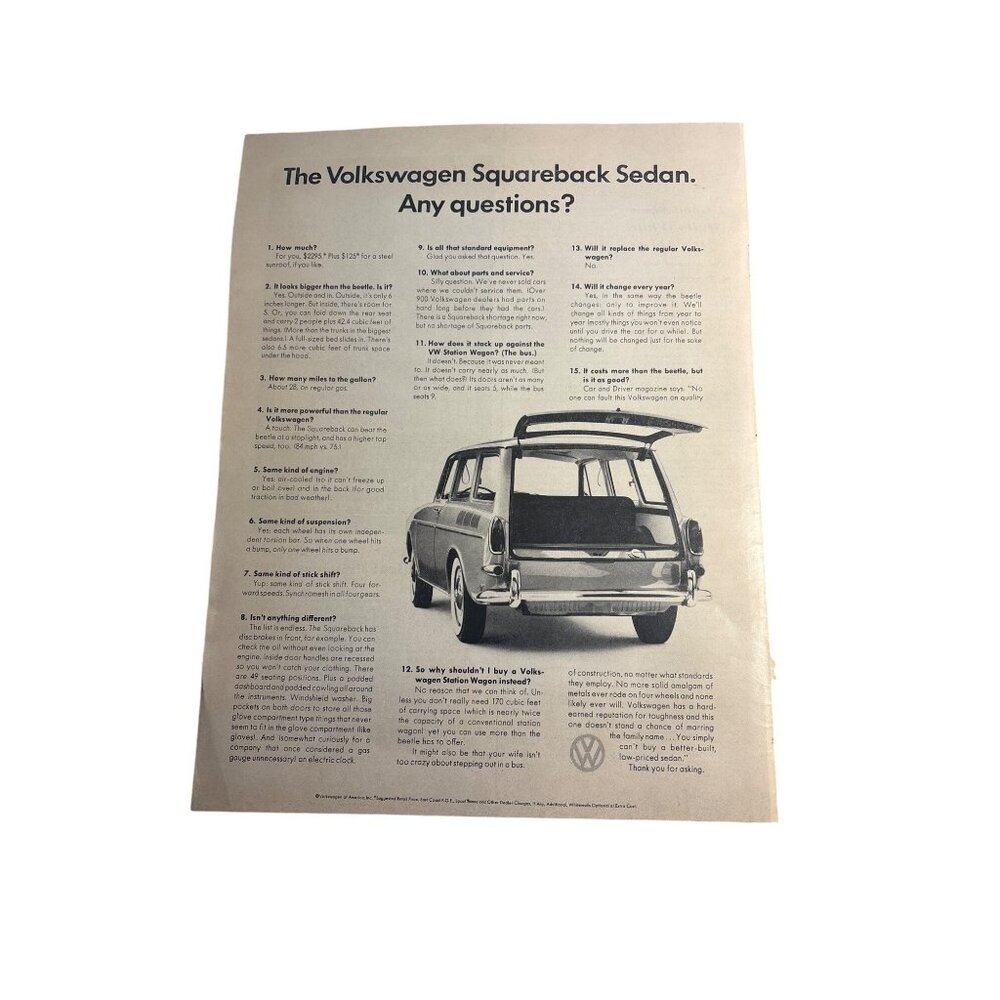 Volkswagen Advertisement Squareback Sedan Vintage 1960s Advertisement 10.5 x 14"